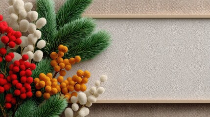 Rustic holiday background with evergreen branches and colorful berry clusters beside a textured
