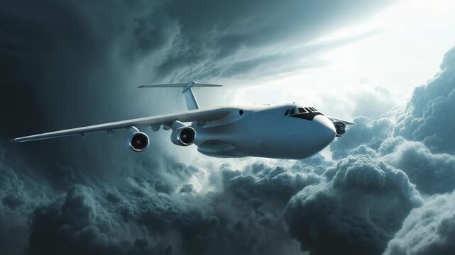 A large four-engine cargo jet flies through a dramatic, stormy sky.