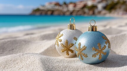 Two festive Christmas baubles on a sandy tropical beach