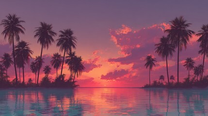 Obraz premium Tropical sunset scene featuring pastel palms and serene water nature-inspired fashion background ai art tranquil environment captured in a dreamy viewpoint