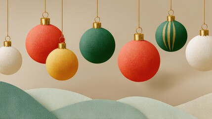 Vibrant Christmas ornaments in red green yellow and white gracefully suspended
