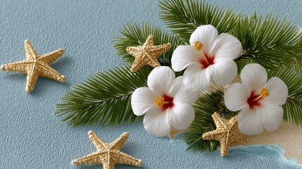 Tropical Christmas beach scene with starfish hibiscus and palm leaves