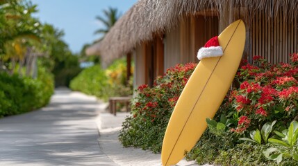 Tropical Christmas beach setting with a surfboard wearing a Santa hat by a thatched hut