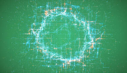 A vibrant digital graphic depicting a circular pattern of glowing lines and connections, showcasing modern technology and design.