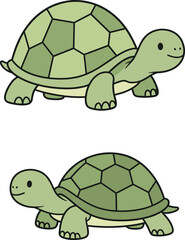 Cartoon turtles with hexagonal shells in different poses, cute animal illustration for children’s design, nature education, and character development themes