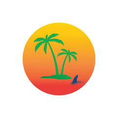 Vibrant vector illustration of a tropical island with two palm trees set against a warm sunset gradient, with a shark fin emerging from the calm ocean water