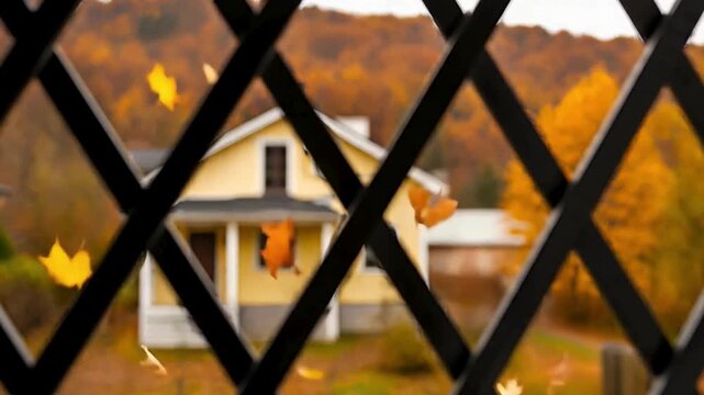 格子フェンス越しのぼやけた家と風景