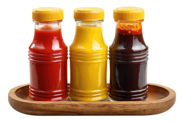 Three condiment bottles displayed in staggered formation on wooden oval tray, textured caps and glossy surfaces, isolated on transparent background.