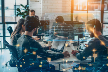 Team Meeting with Digital Overlay: A group of professionals collaborates around a table, bathed in the glow of digital data overlays.