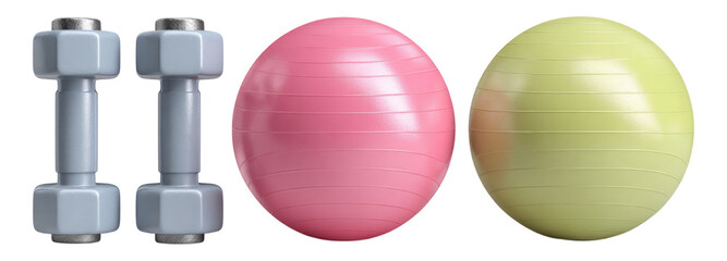 Colorful Dumbbells and Exercise Balls Isolated on Transparent Background