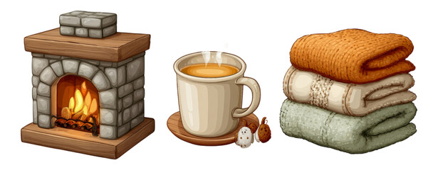 Cozy Hearth with Warm Drink and Soft Blankets Illustration
