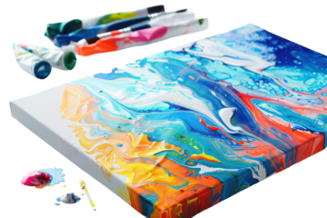 Artistic Creation: Vibrant colors dance across a canvas as tubes of paint and brushes await the artist's touch. capturing a dynamic visual experience