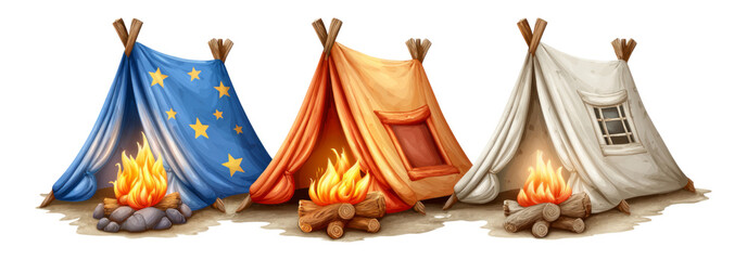 Colorful Camping Tents with Campfire Illustration on Transparent Background