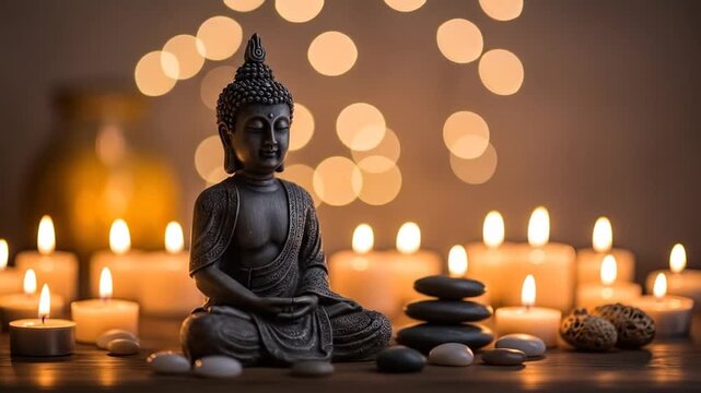 Serene buddha statue with lit candles against bokeh lights background