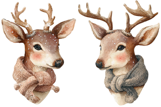 Pair of reindeer heads with knit scarves and tiny snowflake freckles, soft watercolor texture and asymmetrical antlers, cozy winter design, isolated on transparent background.
