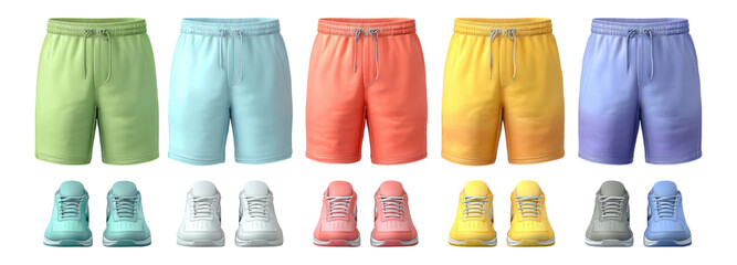 Colorful Sports Shorts and Sneakers Collection Isolated White Background