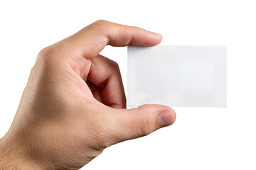 Human hand presenting an empty business card, lifelike texture with fine creases and gentle lighting, angled for display, isolated on transparent background.
