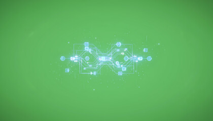 Abstract digital design with blue glowing nodes on a vibrant green background representing connectivity and innovation.