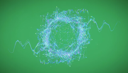 An abstract representation of digital connections and data flow, showcasing vibrant blue patterns against a green background.