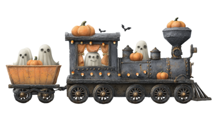 Whimsical Halloween-themed train featuring dark engine, orange car, and translucent ghost caboose, candy-corn decorations, playful charm, isolated on transparent background.
