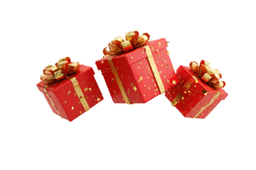 Festive trio of red presents in motion, gold bows and confetti scattering outward, lively diagonal burst effect, isolated on transparent background.
