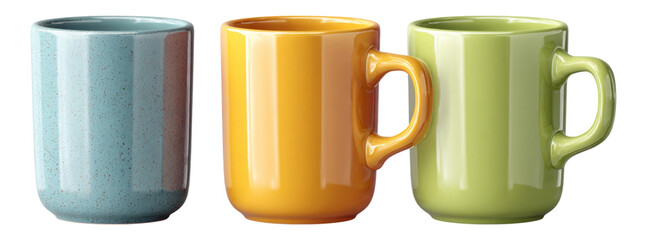 Colorful Ceramic Mugs in Blue, Yellow, and Green on White Background