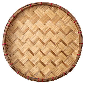 A diagonal basketweave pattern in natural, light brown bamboo. A thin, darker bamboo rim encircles the edge, which is secured at various points with bright pink or red ties (likely plastic or string).