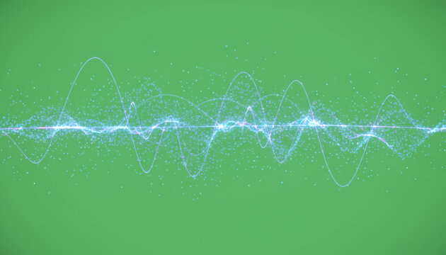 An abstract wave pattern representing sound or energy, set against a vibrant green background.