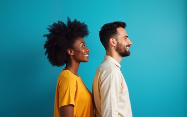 Afro american woman and european man standing on blue background. High quality