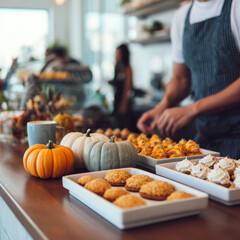 Modern Barista Serving Autumn Pastries in Cozy Bakery with Pumpkins and Seasonal Decor