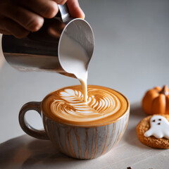 A close-up of a latte being poured into a hand-crafted mug beside a ghost-shaped cookie — rich in texture, warmth, and Halloween charm for focused visuals.