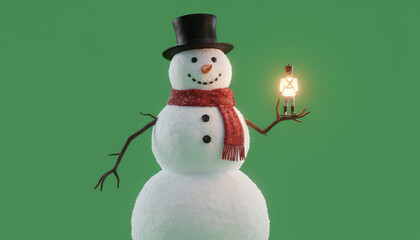 Cheerful snowman holding a lantern, perfect for winter holiday themes and festive decorations, against a vibrant green backdrop.