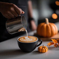 A beautifully poured Halloween latte with spiderweb art in a moody black cup, styled next to tiny pumpkins — ideal for seasonal menus and dark aesthetic branding.