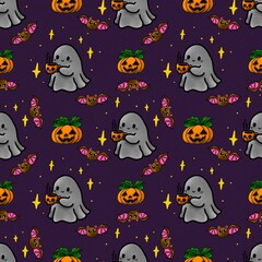 Cute Halloween Seamless Pattern with Ghosts,