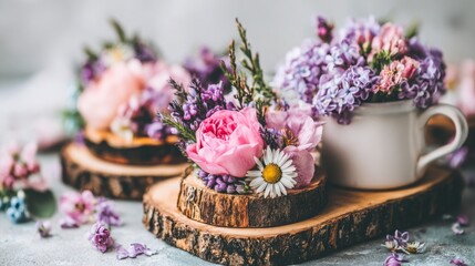 una mesa de madera con un florero o jarron blanco con flores decorativas y elegantes sobre un fondo con espacio de copia