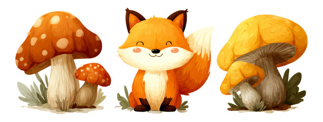 Cute Fox Cartoon with Colorful Mushrooms on Transparent Background