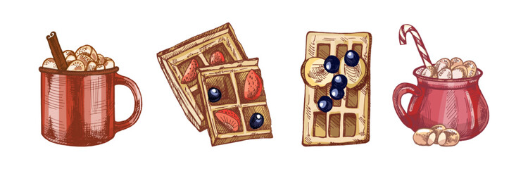 Hand drawn vintage sketch of hot chocolate and waffles with berries in color and monochrome version