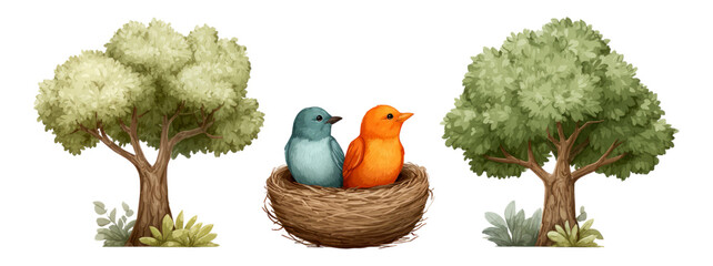 Colorful Birds in Nest Surrounded by Trees on Transparent Background