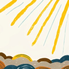  hand drawn premium abstract minimalist landscape vibrant colors yellow sun rays layered mountains textured background
