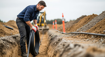 Construction worker laying cable in trench with construction site in background. Laying cable is hard work in progress with digging tool visible,