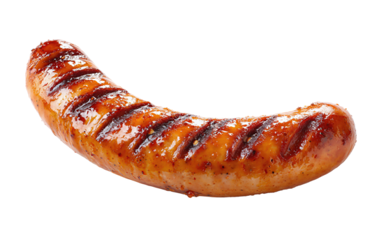 Grilled sausage link with paprika-tinted surface, fine sear lines and visible moisture droplets, curved natural shape, isolated on transparent background.
