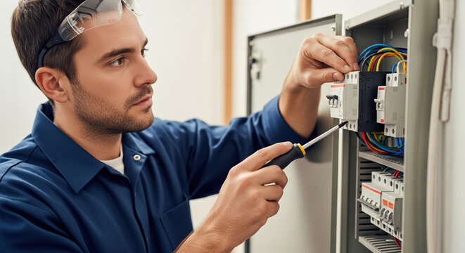 Professional electrician working on electrical panel with screwdriver, ensuring safety and efficiency. Electrician completes necessary repairs, - Powered by Adobe