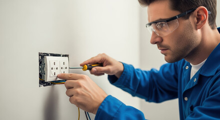 Electrician services are shown as electrician installing socket and using screwdriver carefully. Concept electrician services shows electrical job, as electrician works with wires,