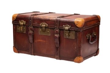 Vintage leather trunk in walnut brown with brass corner caps and twin strap buckles, slightly domed lid with patina scuffs and visible stitching, isolated on transparent background.
