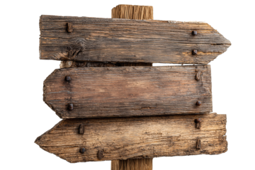 Set of pine wooden boards mounted on a post, left and right arrows framing a rectangular center, bark texture and rustic nails visible, isolated on transparent background.