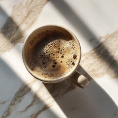 Photo of cup of coffee on marble counter neutral tones minima