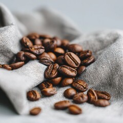 Photo of coffee beans scattered on burlap cloth overcast sky