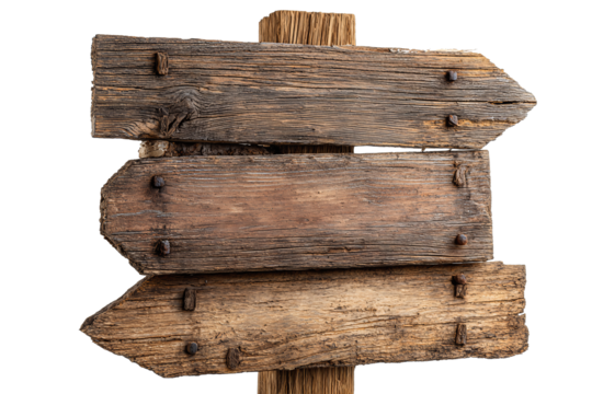 Set of pine wooden boards mounted on a post, left and right arrows framing a rectangular center, bark texture and rustic nails visible, isolated on transparent background.