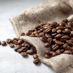 Photo of coffee beans scattered on burlap cloth overcast sky