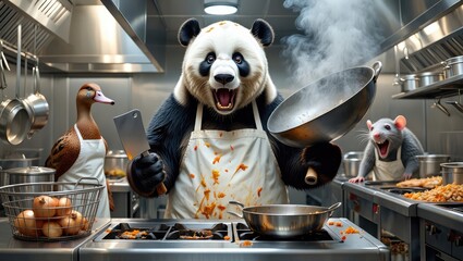 Panda chef cooking in busy restaurant kitchen with flames and ducks hanging. Humorous fantasy food scene. Generative AI.